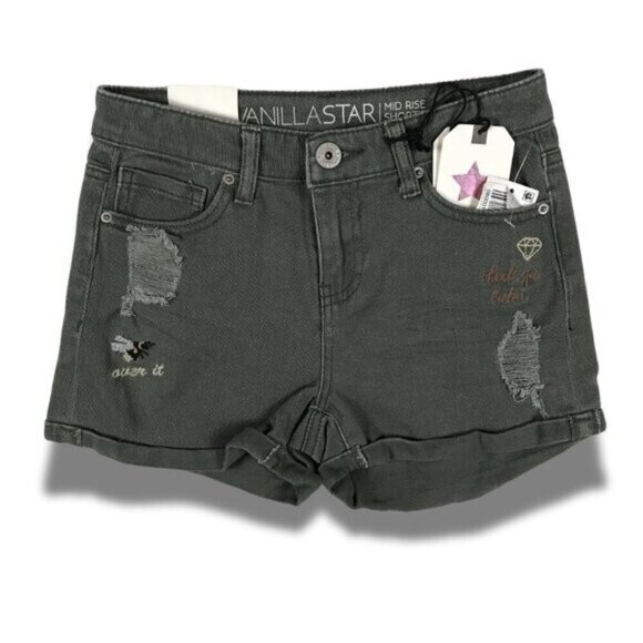 VANILLA STAR Embroidered BABE Green Jean Shorts NWT 0 - Picture 1 of 6